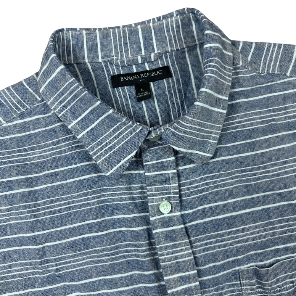 Banana Republic Mens Large Blue‎ White Striped Linen Cotton Short Sleeve Shirt